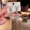 Detailed macro shot of long silver tassel earrings with crystal butterfly motifs - Double Butterfly Full Diamond Agile (E0024) 925 Sterling Silver Earring Post