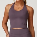 Cross back yoga set in deep purple with halter top and high-waist leggings - S / Eggplant Purple