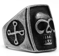 Macro view of vintage silver steel ring featuring skull relief and cross pattern detailing - US 7 / Vintage Color (03201)