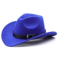 Detail of royal blue felt cowboy hat featuring a black leather band and silver buckle - Sapphire Blue