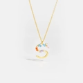 Macro shot of gold S-letter pendant with colorful gemstones and white diamonds necklace - 925 Silver / S