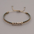Adjustable woven bracelet featuring crystal-encrusted HAPPY letter charms on earthy band - Beige Brown Grey Wave-HAPPY Charm