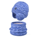Blue and white knitted kids winter hat and scarf set with warm fleece lining - 2-Piece Set - Two-Tone Royal Blue
