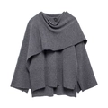 Manteau poncho en maille gris foncé avec col asymétrique et bouton décoratif chic - Gris foncé