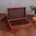 Boîte à montres classique en bois à 12 fentes, finition brun rouge et doublure damier - Palissandre Rouge (Cuir à Carreaux) 12 Montres