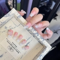 Pink gradient ballerina fake nails with mirror gold finish and rhinestones in a display box - By1654 Pink Jade Peony / Glue Type