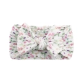 Detailed view of white nylon baby headband with pink floral print and soft double bow knot - White With Pink Purple Floral