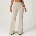 High-waisted beige flared yoga pants made of brushed high-elastic athletic fabric - S / Oat Apricot