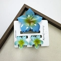 Three-piece plumeria hair clip set in blue-green gradient finish with display card - Five-petaled Flower - Blue Set (includes Card)