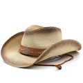 Gradient straw western cowboy hat with studded leather band and adjustable chin strap - M (56-58cm) / Beige Coffee Gradient