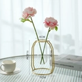 Modern gold geometric metal frame glass vase with pink artificial flowers for home decor - Short Round Vase + 2 Deep Pink Peonies / Gold