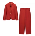 Tailleur rouge vif pour femme avec veste à col en V et pantalon droit élégant - S / Ensemble Zirconium Rouge