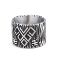 Vintage stainless steel ring with bark texture and carved rune symbols on white background - US 7 / Antique Silver (20401)