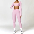 Conjunto de yoga rosa de manga larga con leggings de cintura alta y top corto - S / Manga Larga + Leggings / Rosa Sakura