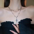 Detail of a punk double-layer cross necklace with black beads on a female model neck - 11# Necklace - Gun Black - Black