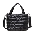 Fashionable black quilted down tote bag with detachable shoulder strap for women - Black