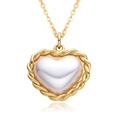 Detailed view of heart pendant with pearl finish and gold woven border on a thin chain - Pearl Heart Woven Border Style (B069)