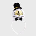 Halloween headband featuring a white plush skull with a black top hat and bow tie - Skull