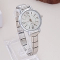 Detail of silver stainless steel watch band with quartz dial on display stand - WT024 Silver White Round Digits