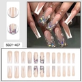 White French V-tip press-on nails with 3D flowers and rhinestones long coffin shape - Nude Pink White V French 3D Flower Style (SGCY-407)