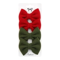 Four-piece children's hair clip set with red and green polyester fabric bows on a card - Red/Green