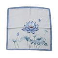 Elegant white square silk scarf featuring a blue lotus flower print and borders - Lotus Flower Small Square Scarf / 65