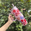 Pink insulated tumbler with floral and bird patterns featuring a handle and straw - 40oz / Birds in Flowers