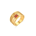 Bague multicouche en acier inoxydable plaqué or 18K avec pierre rouge rectangulaire - Zircon Rouge