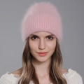 Pink fluffy angora knit hat with subtle sequins and soft warm rabbit fur texture - Pink