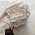 Elegant cream tweed crossbody bag with gold chain strap and metallic clasp closure - White