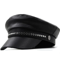 Casquette de marin classique en cuir noir avec chaîne à rivets argentés pour hommes et femmes - 56-59cm(Réglable) / Noir