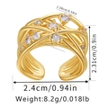 Detail view of 18K gold plated brass ring with clear gemstones and product dimensions - Adjustable Open / Intertwined Zirconia Style (KR0027)