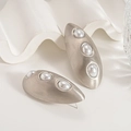 Matte silver oval earrings with three vertical pearls and a brushed metal finish - Matte Silver With Faux Pearl (S925 Silver Pin)