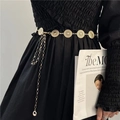 Golden butterfly metal waist chain with multi-layer dangling coins on a black dress - Gold Ring Belt K0125A