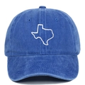 Dettaglio del ricamo della mappa del Texas su cotone blu lavato del cappellino - Blu Zaffiro