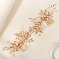 Elegant gold bridal hair comb with pearls, crystals, and fabric flowers for wedding hair - 4# Double Hair Comb Gold