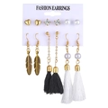 6-pair earring set featuring gold hearts, pearls, and black and white tassels on card - Black White Tassels Leaf Heart Style (ZL0001413-2)