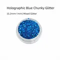 Macro shot of 0.2mm and 1mm mixed laser blue hexagonal glitters in a round jar - Laser Blue