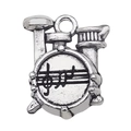 Antique silver drum set charm featuring musical notes and cymbal details for DIY jewelry - 1Pc Drum 13x16mm