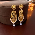 Vintage hollow flower earrings with gold finish and teardrop pearls in a velvet jewelry box - Gold Vintage Pearl Flower Earrings (24#)