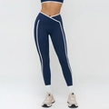 Dunkelblaue Yoga-Leggings mit V-Kreuz-Bund und weißen Seitenstreifen für Damen - S / Marineblau