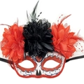 Day of the Dead masquerade mask with red silk flowers and black feathers for cosplay - Flat Top 3 Flowers Red