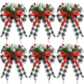 Pack de 6 lazos de Navidad con agujas de pino y bayas rojas en cuadros blanco y negro - Juego de 4 / Cuadros Negros y Blancos