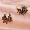 Vintage hollow carved fan-shaped earrings with purple gemstone in retro gold finish - Antique Gold (4975)