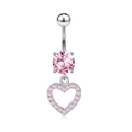 Detailed macro shot of a silver navel ring with pink heart pendant and cubic zirconia - Silver-Pink Zircon Heart Dangle