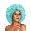 Close-up of light blue satin sleep cap featuring a large decorative bow for hair care - Medium / Fruit Basket Green