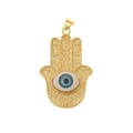 Macro shot of gold Hamsa Hand pendant with hollow patterns and blue evil eye detail - DZ198-Embossed Hamsa Hand