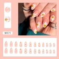 Almond-shaped pink press-on nails with cute daisy smile patterns and 24-piece nail set - Smiling Little Flowers (W571)