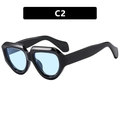 Irregular retro sunglasses with thick black frame and light blue lenses color C2 SKU - As Shown / Glossy Black Blue