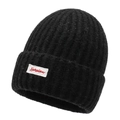 Black ribbed knit beanie with stylish red embroidered patch detail and folded brim - One Size / Black